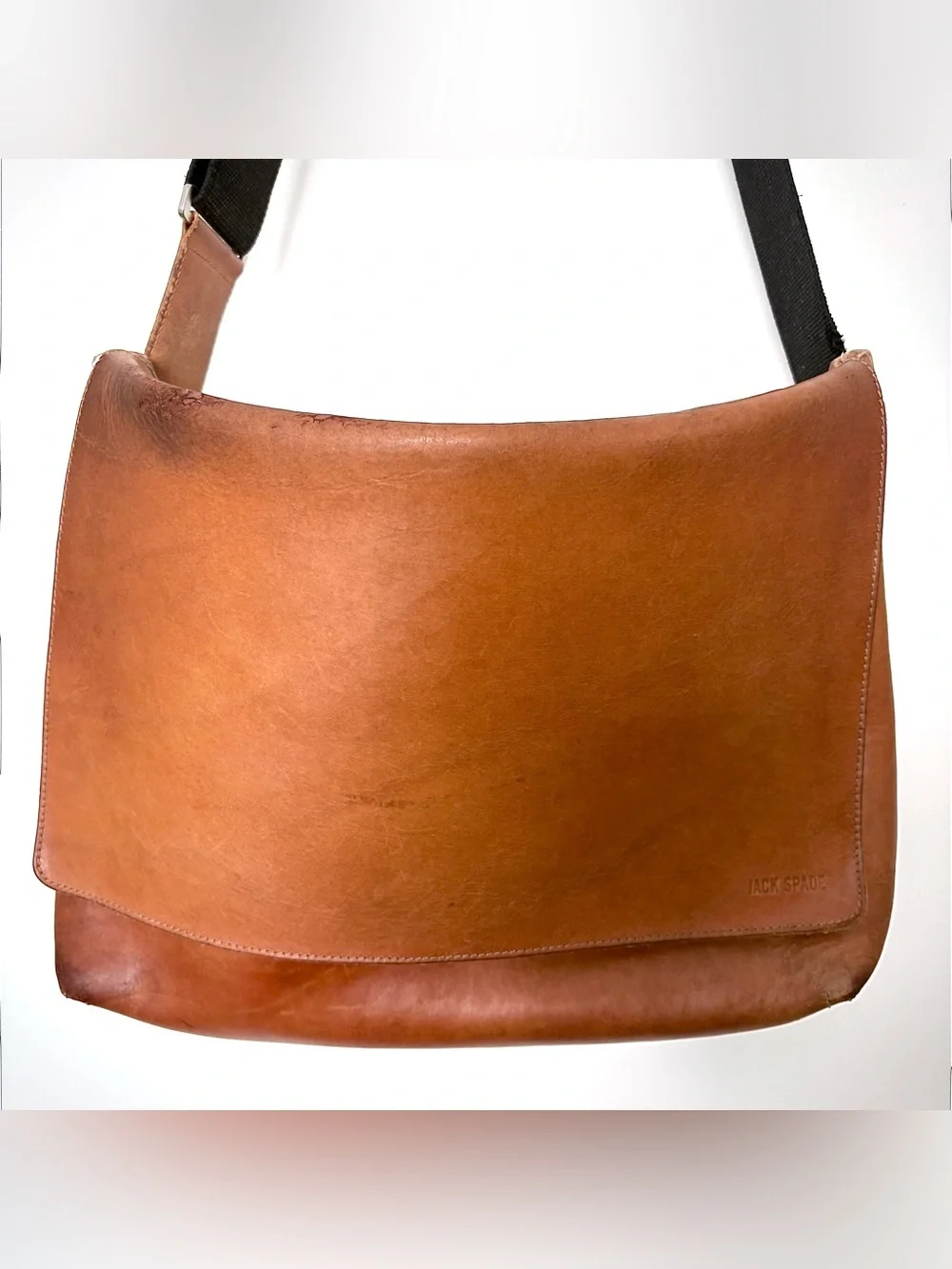 RARE Vintage Jack Spade Bridle Leather Messenger Field Bag Cognac Brown HTF